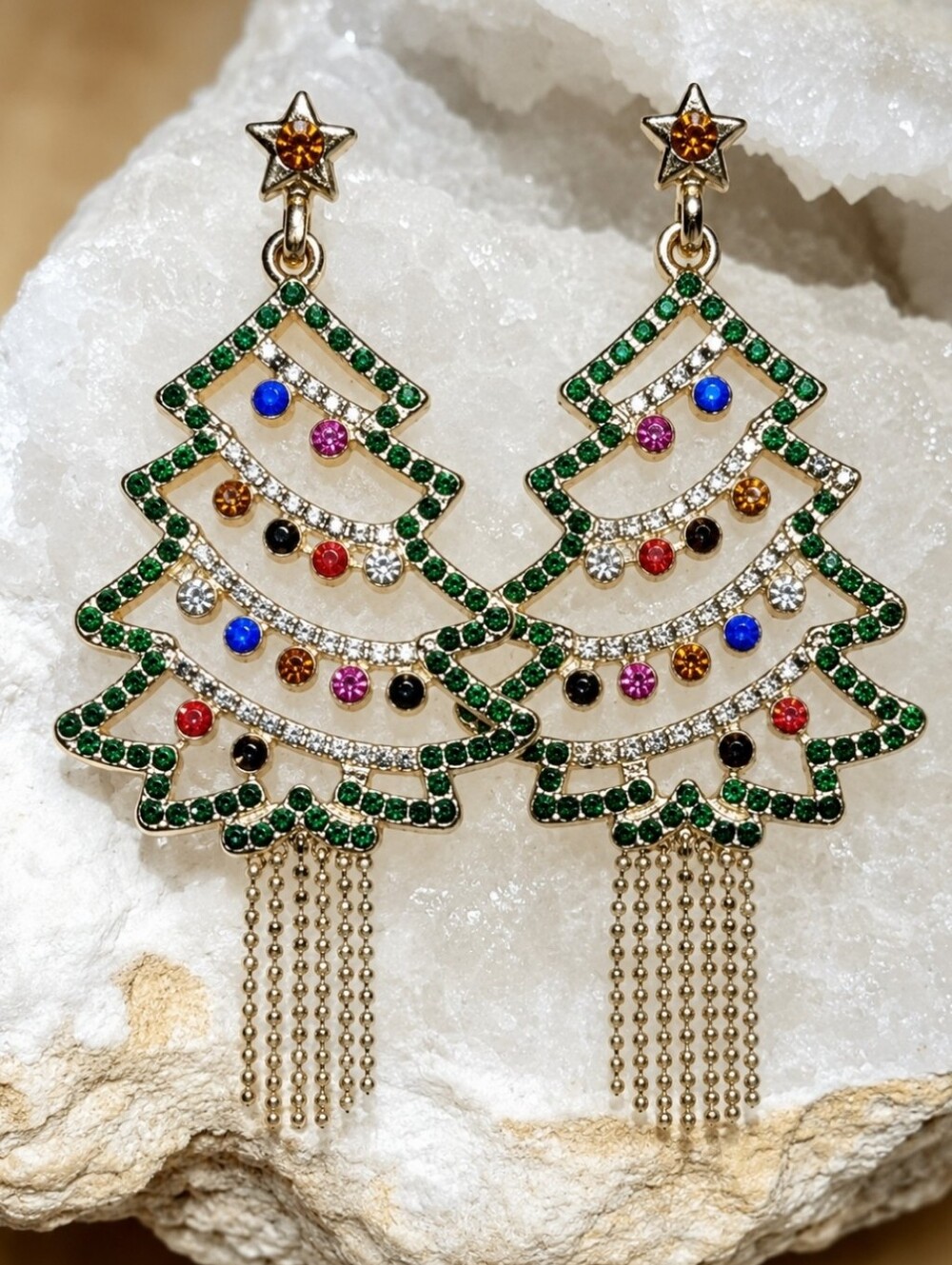 Christmas Tree Holiday Multi Color Rhinestones Chain Tassel Pierced Earrings NEW